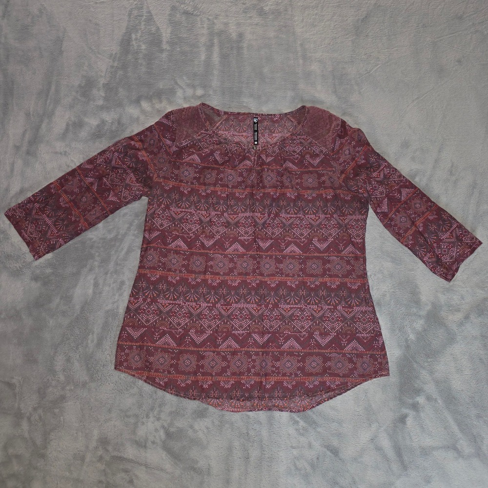 Kuhl Womens 3/4 Sleeve Lace Shoulder Geometric Print Blouse Burgundy Size M